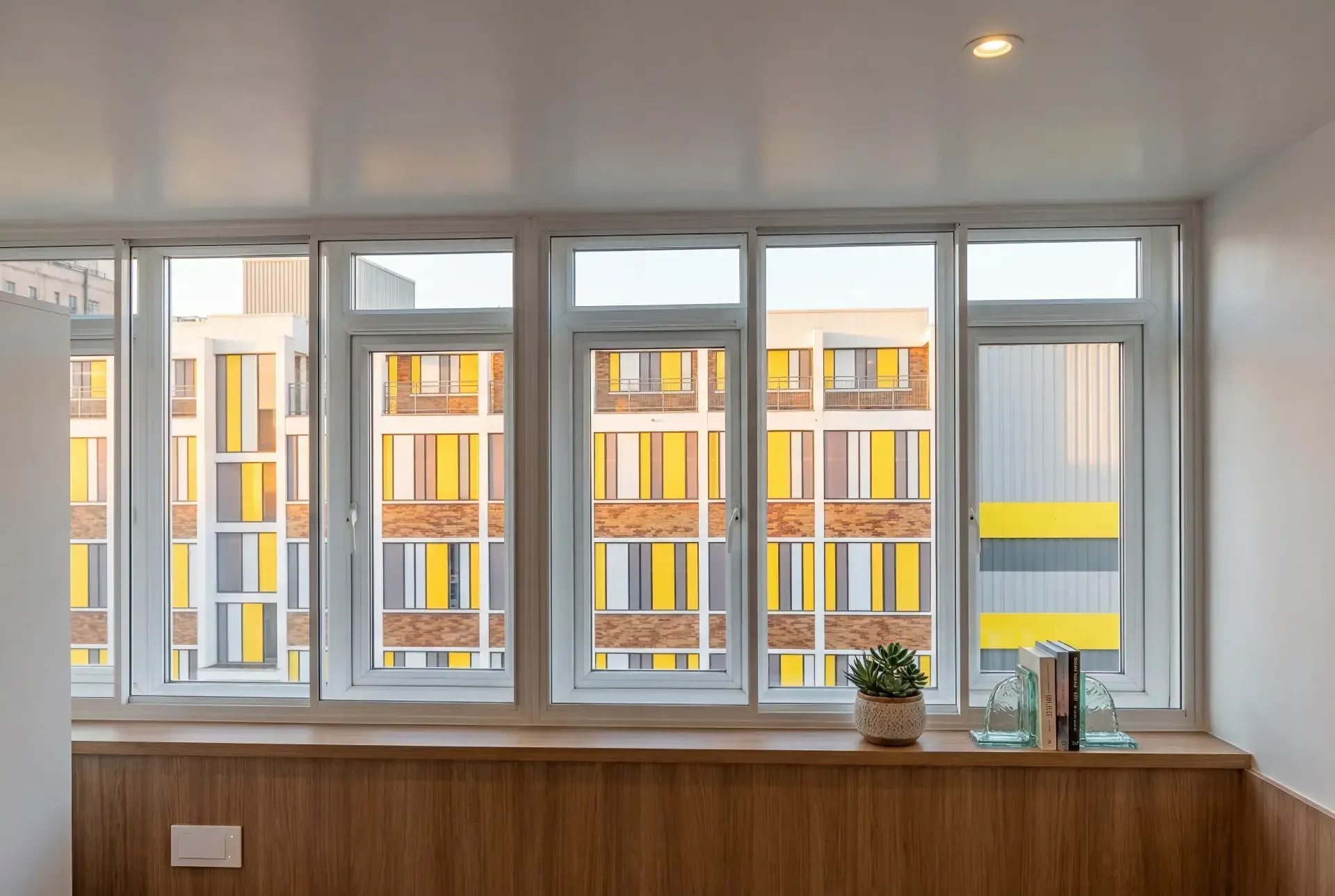Modern apartment living space with slimline secondary glazing across a full-width run of windows above a timber cill