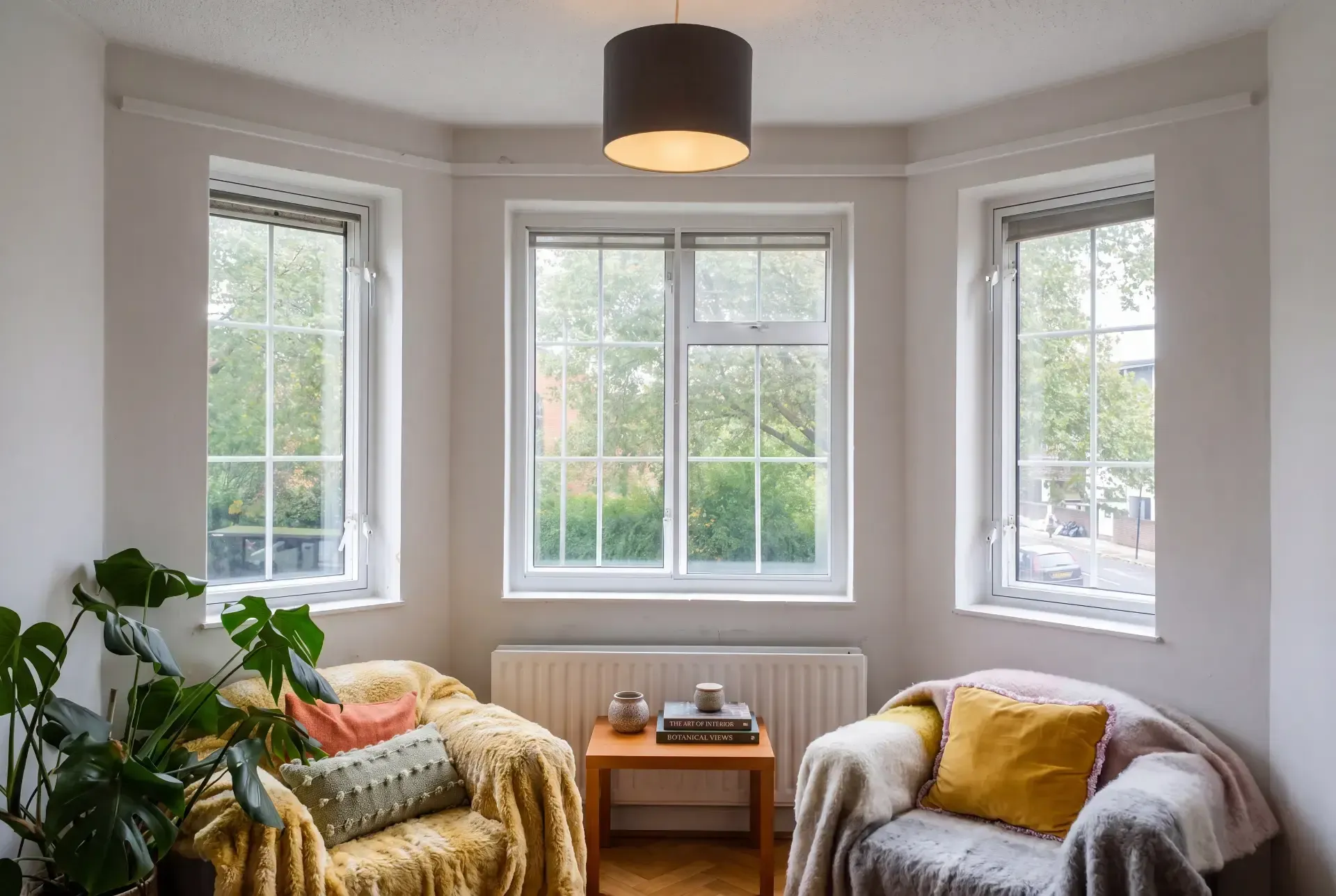 Secondary glazing fitted across a three-sided bay window in a period living room with sliding panels