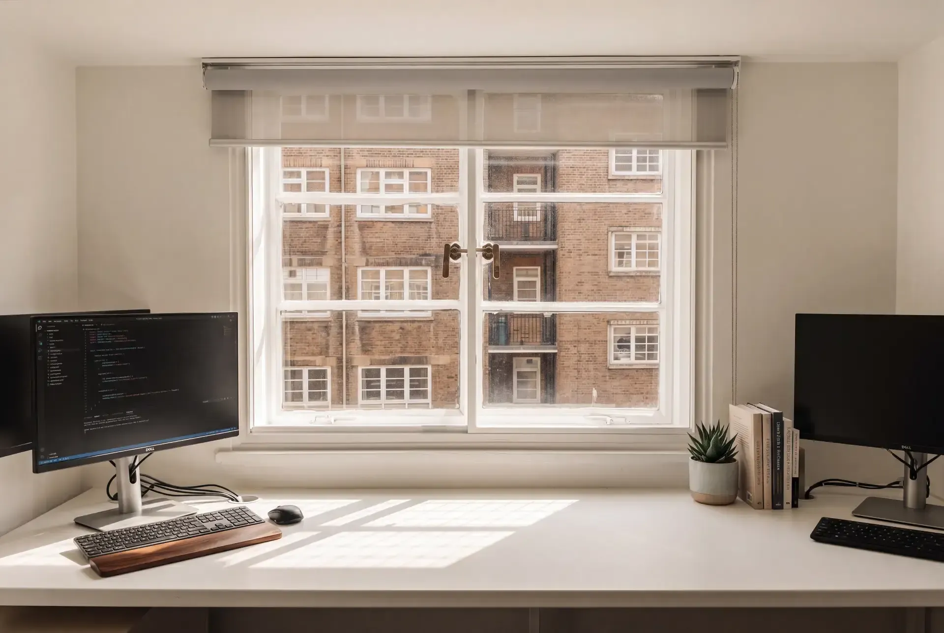 Home office desk beneath a sash window fitted with secondary glazing and brass locks facing a brick mansion block